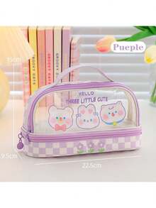 1pc New Cartoon Transparent Multi-Layer Stationery Bag, PU+PVC Pencil Case, Cute Large Capacity Desktop Organizer For Pens, Pencils, Ruler, Suitable For Boys And Girls - Multicolor - View 10