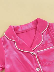 Pijama de verano para niñas pequeñas, manga corta, solapa, color liso, con botones - Rosa Fucsia - Ver 4