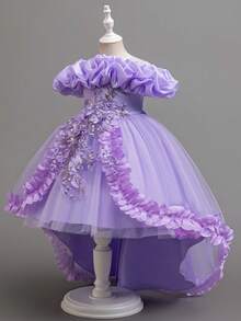 年轻女孩蕾丝串珠花瓣花卉优雅 A 字裙，花童婚礼派对公主礼服鸡尾酒会礼服 - 紫色 - 查看 2