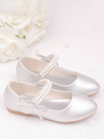 CAIWENNIAO Girls Children Pearl Shoes Soft Sole Princess Shoes Piano Recital Silver Dress Shoes (New Model)