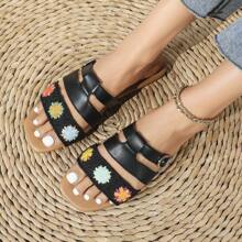 Sandalias de estilo bohemio de piel de poliuretano bordadas para playa, hogar y oficina