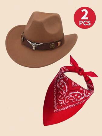 2 pezzi Costume da cowboy western, accessorio per cosplay cappello da cowboy, cappello da cowboy marrone western per bambini per travestimento, divertente per festa di Ognissanti, set con 1 cappello da cowboy e 1 bandana rossa