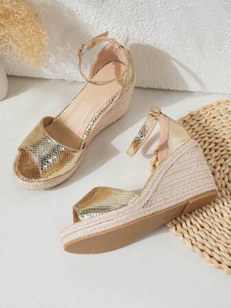 Fashionable Gold Lace-Up Platform Rope Sole Sandals For Women, Comfortable & Fashionable Summer Holiday Wear
