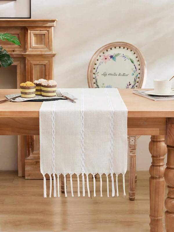 Woven Farmhouse Table Runner, Linen Country Home Decor Table Runner, Embroidered Striped White Bohemian Style Table Cloth, Suitable For Wedding, Party, Home Decor