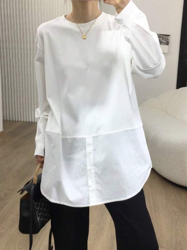 Casual Korean Style T-Shirt For Women - Oversized Long Sleeve, Crew Neck, Loose Fit, Breathable & Machine Washable, White, Perfect For Office Or Streetwear, Summer Layering | Minimalist Aesthetic | Structured Design, Women's T-Shirt