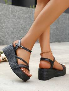 Women's Plus Size Woven Strap Slide Sandals, Open Toe, Casual Versatile Anti-Skid Thick Sole Daily Wear, Party Outfit, Comfortable Lightweight Wedge Sandals - Black - View 8