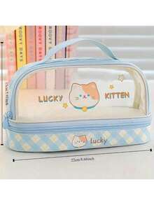 1pc New Cartoon Transparent Multi-Layer Stationery Bag, PU+PVC Pencil Case, Cute Large Capacity Desktop Organizer For Pens, Pencils, Ruler, Suitable For Boys And Girls - Multicolor - View 6