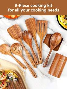 8pcs/9pcs Premium Wooden Kitchen Utensil Set | High Quality, Durable, Heat-Resistant Wooden Spoons, Spoon Rest, Utensil Holder And Non-Stick Spatula - Ergonomic Handles, Easy To Clean, Ideal For Home Cooking And Baking - 9pcs - View 9