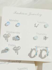 6对/套 甜美酷炫极光精致耳钉 气质耳环 女士新款蝴蝶爱情套装吊坠