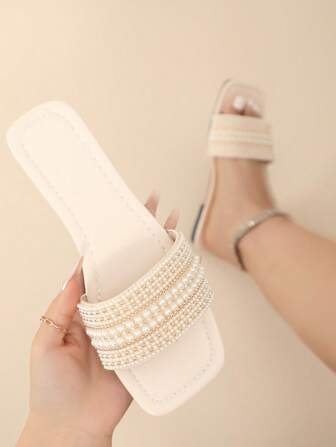 宽版水钻装饰时尚平底凉鞋，舒适透气露趾休闲拖鞋，适合户外散步、度假、派对，奢华迷人的公主风格