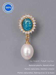 A Pair **Luxury Collection Women's Sterling Silver Earrings** Crafted From 925 Sterling Silver Plated With 18K Gold, These Exquisite Earrings Feature A Central Blue Section Adorned With Shimmering Silver Foil, Elegantly Framed By Sparkling Cubic Zirconia Stones. - Royal Blue - View 4