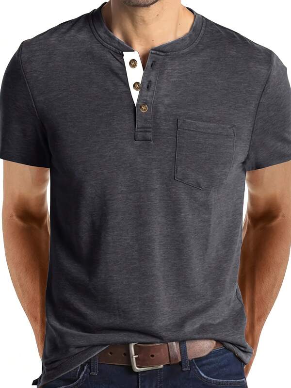 Men's Short Sleeve Crew Neck T-Shirt Henley Top