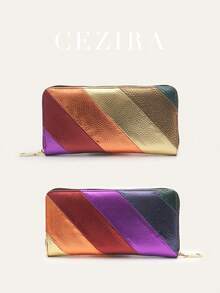 CEZIRA Women's Fashionable Luxury Colorful Stripes Patchwork Metallic PU Vegan Leather Long Wallet Zipper Closure Multi Card Slots Cash Note Zip Pocket Phone Purse Large Capacity Portable Clutch Handbag Money Bag Elegant Functional Daily Shopping Travel Gift - Multicolor - View 16