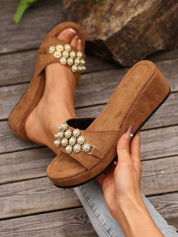 Women's Fashion Pearl Decor Wedge Slide Sandals, Suitable For Wedding, Party, Vacation, Casual Wear, Thick-Soled Slippers