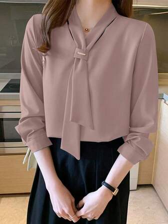 Women's Solid Color Tie Collar Long Sleeve Elegant Office Shirt