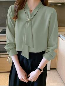 Women's Long Sleeve Solid Color Tie Neck Elegant Commuter Blouse For Autumn - Bean Green - View 1