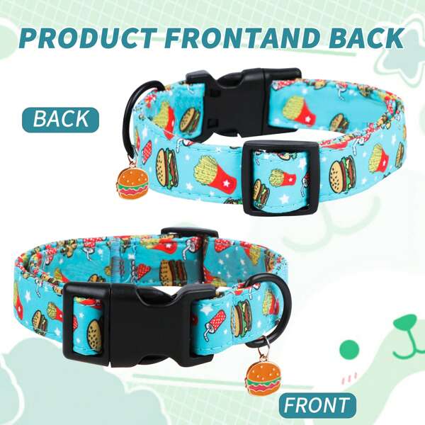 1pc Blue Hamburger & French Fries Design Pet Dog Collar Set, Breathable Anti-Choke Medium/Small Breed Dog Collar, Hamburger Theme Pet Fashion Accessories, Joyful Dog