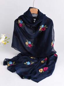 1pc Elegant Floral Embroidered Linen Scarf, Fashionable Versatile Hijab/Shawl For Women, Lightweight And Windproof For Outdoor, Daily Wear