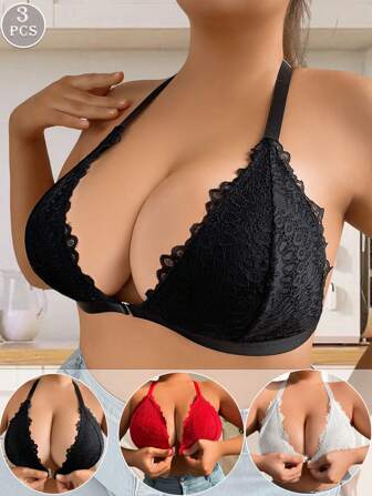 3pcs Plus Size Women Wireless Lace Trim Push Up Adjustable Strap Y-Back Bras
