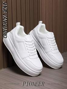 Men's Classic Solid Color Leather Splicing Thick-Sole Shock-Absorbing Flat Non-Slip Sneakers, Outdoor Classic Street Cool Daily Versatile Solid Color Casual Shoes - White - View 5