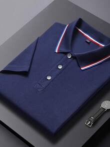 男士撞色滚边高尔夫Polo衫，半扣领，柔软轻薄，商务休闲工作衬衫，适合送给男友，也适合高尔夫、日常穿着、夏季和网球运动。 - 藏蓝色 - 查看 4