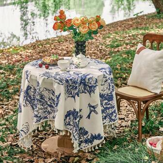 1 pièce Nappe en coton à imprimé floral bleu vintage de style Ins, nappe de table à thé, tapis de pique-nique