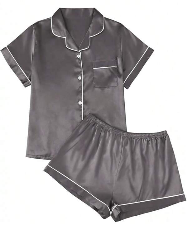 LILLUSORY Silk Satin Pajama Set Women 2 Piece Lounge Pjs Shorts Matching Summer Sleepwear Button Down Shirt Shorts Halloween