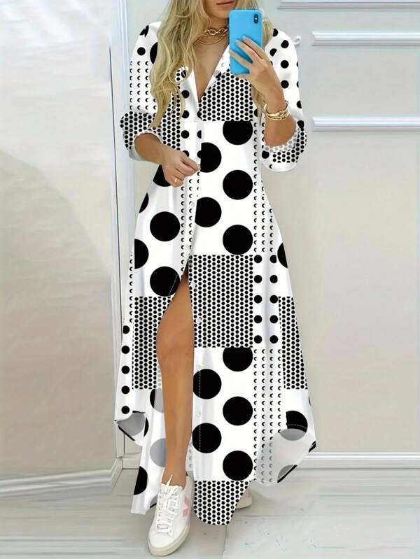 Vintage Polka Dot Long Sleeve Shirt Dress - Button Detail, Machine & Dry Cleanable - Spring/Summer/Autumn Ideal Choice, Contrast Polka Dot Casual Button Down Dress