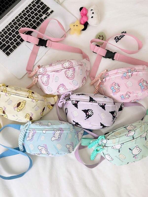 Sanrio 1 buc Sanrio Kuromi, geantă Hello Kitty pentru fete cu desene animate, geantă de umăr mică și ușoară pentru copii, din pânză Oxford, închidere cu fermoar împletit, potrivită pentru depozitarea obiectelor mici, geantă de piept crossbody pentru ieșiri, portofel pentru monede de uz zilnic, pentru toate anotimpurile
