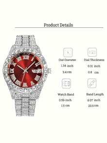 Elegant Men's Quartz Watch - Fashionable Roman Numerals With Luxurious Golden-Tone Crystal Accents, Large Round Dial, Zinc Alloy Band & Case, Battery Operated - Multicolor - View 2