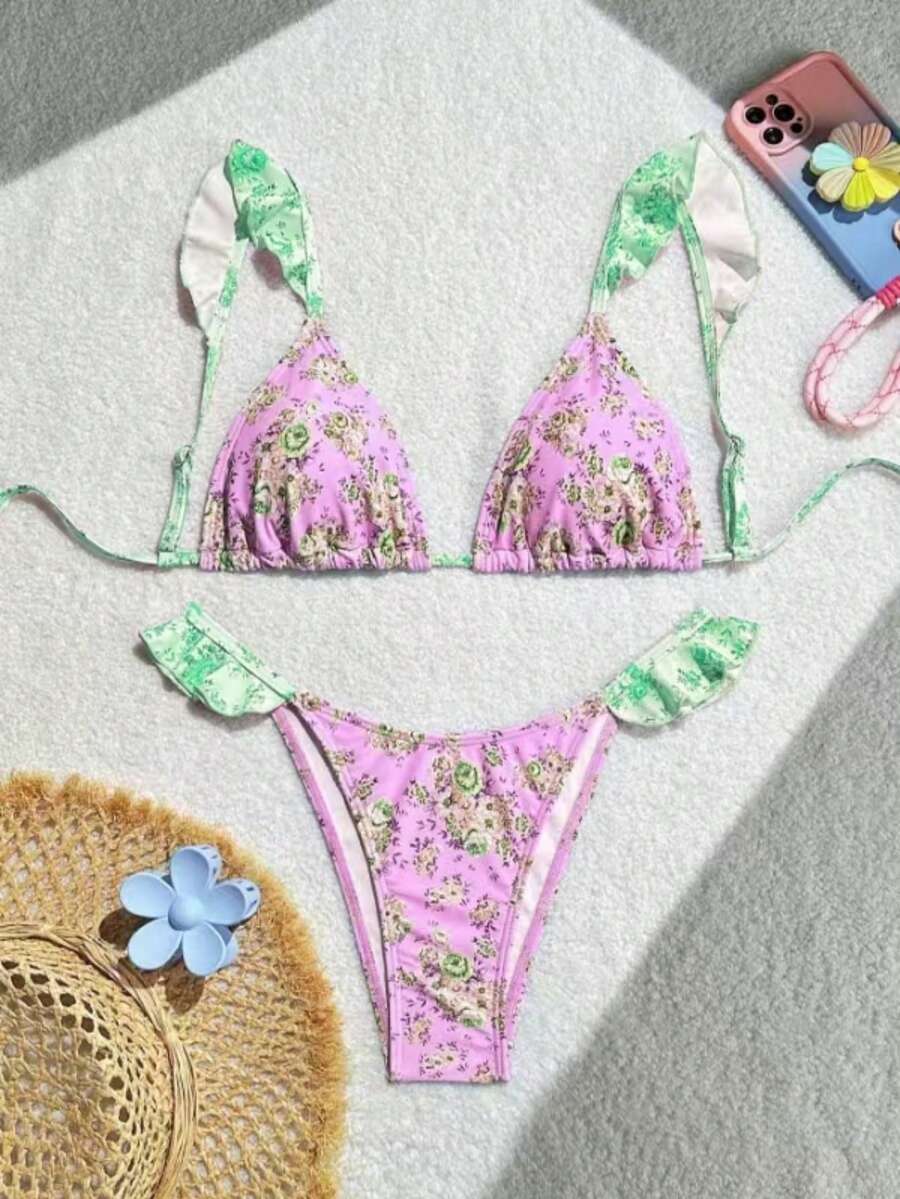 Women's Flounce Edging Floral Sexy Bikini Set - Mauve Purple - View 1