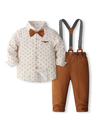 Young Boys Printed Long Sleeve Shirt And Bib Pants 2-Piece Set
