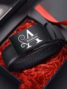 1pc Personalized Laser Engraved Men's Belt With Automatic Buckle, Faux Leather Waistband, Classic Black Fashion Trouser Belt - Multicolor - View 2