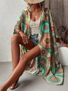 Women's Bohemian Vacation Casual/Long Allover Print Cover Up, Lightweight Allover Print Shawl Wrap Sunscreen Coat, Women Beach Cover Up With Belt, Ideal For Spring/Summer/Autumn