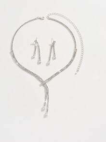 Fashionable Luxury Simple Rhinestone Chain Necklace And Earrings Set, Suitable For Women's Everyday Wear - Silver - View 6