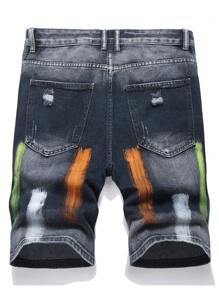 Pantalones cortos de mezclilla rectos con efecto desgastado y estampado de salpicadura de pintura para hombres de moda