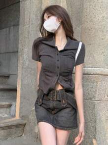 Women's Solid Color Single-Breasted Long Sleeve Ribbed Casual T-Shirt, Spring/Summer
