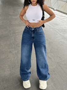 Jeans casual alla moda con gamba ampia e effetto vissuto per donne
