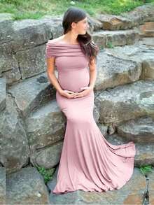 Maternity Reversible Off Shoulder Dress, Photography Gown For Maternity Photoshoot - Pink - View 3