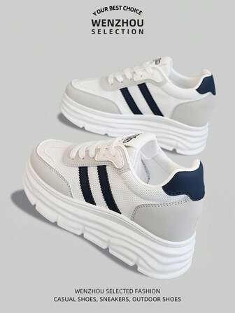 女式新款厚底厚底运动鞋，休闲百搭皮革运动跑步鞋，秋季