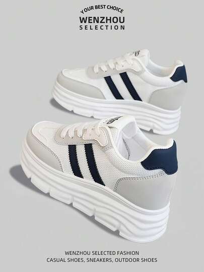 女式新款厚底厚底运动鞋，休闲百搭皮革运动跑步鞋，秋季