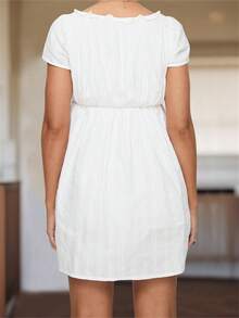 Summer Solid/Striped Dresses For Women 2025 Casual Cute Ruffle Square Neck Short Sleeve Summer Mini Dress - 白色 - 查看 6