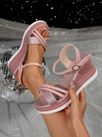 New Plus Size Women Comfortable Simple Round Toe Criss-Cross Wedge Heel Slide Sandals, Casual Fashion Outdoor Vacation Beach Summer Shoes