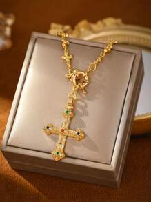 1pc Women's Fashion European Copper Plated 18K Gold Multicolor Zirconia Flower Cross Pendant Necklace, Suitable For Gifts, Parties And Daily Wear, Velvet Bag Packaging