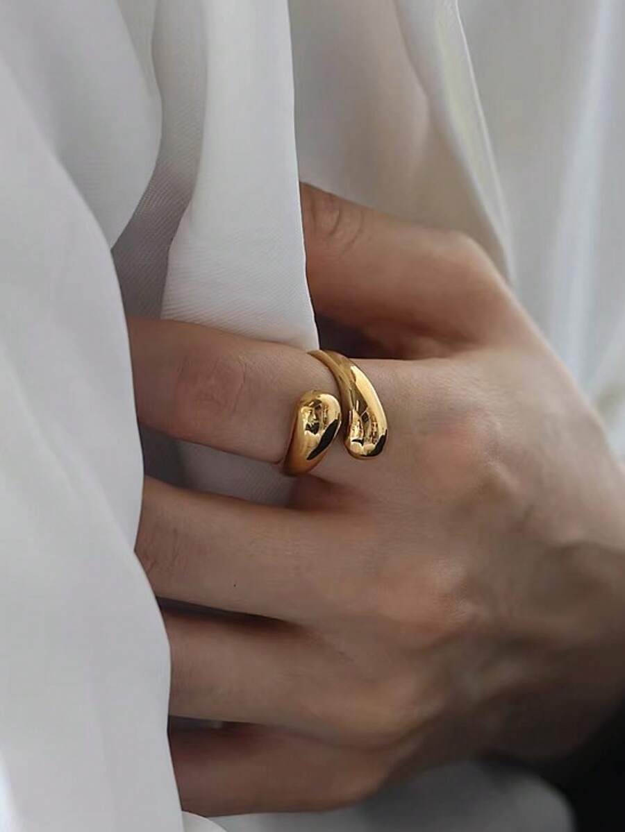 1pc Minimalist, Fashion-Forward Copper Water Drop Crossover Open Ring, High-End Design - Gold - View 1
