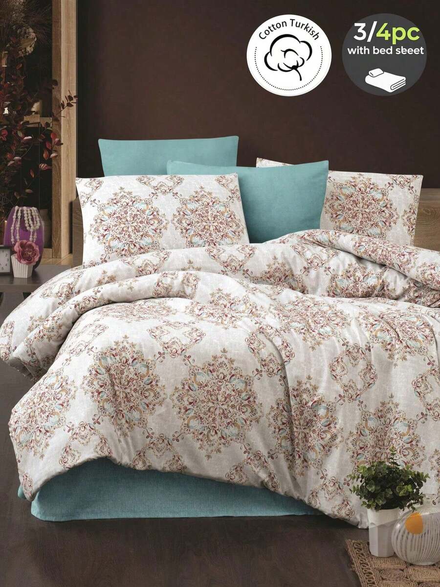 4 pezzi | Cotone Turco | Set piumino Mezza Luna Gecce, Misura Matrimoniale 200*220 (1 pezzo) | Lenzuolo Sopra: 240x260 Cm (1 pezzo) | Federe: 50x70 (2 pezzi) - Blu verde acqua - Visualizzare 1