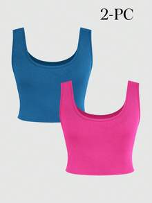 Conjunto de 2 piezas de top sin mangas de color rosa azul sólido, camiseta corta acanalada de verano versátil y casual para llevar por debajo