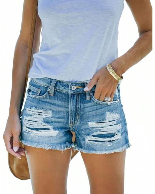 Women's Ripped Denim Shorts Mid Rise Summer Hot Raw Hem Casual Jean Shorts