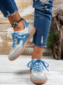 New Ladies Lace-Up Round Toe Flat Shoes, Burgundy/Blue/Black, Casual Sport Shoes For Spring/Autumn Season, Comfortable Flats For Commuting, Shopping, Gathering, Elegant Personalized - Blue - View 4