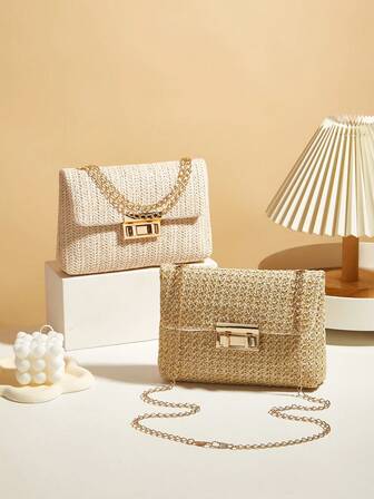 1pc Straw Double Zipper Shoulder Bag, New Fashion Versatile Commuter Chain Crossbody Bag